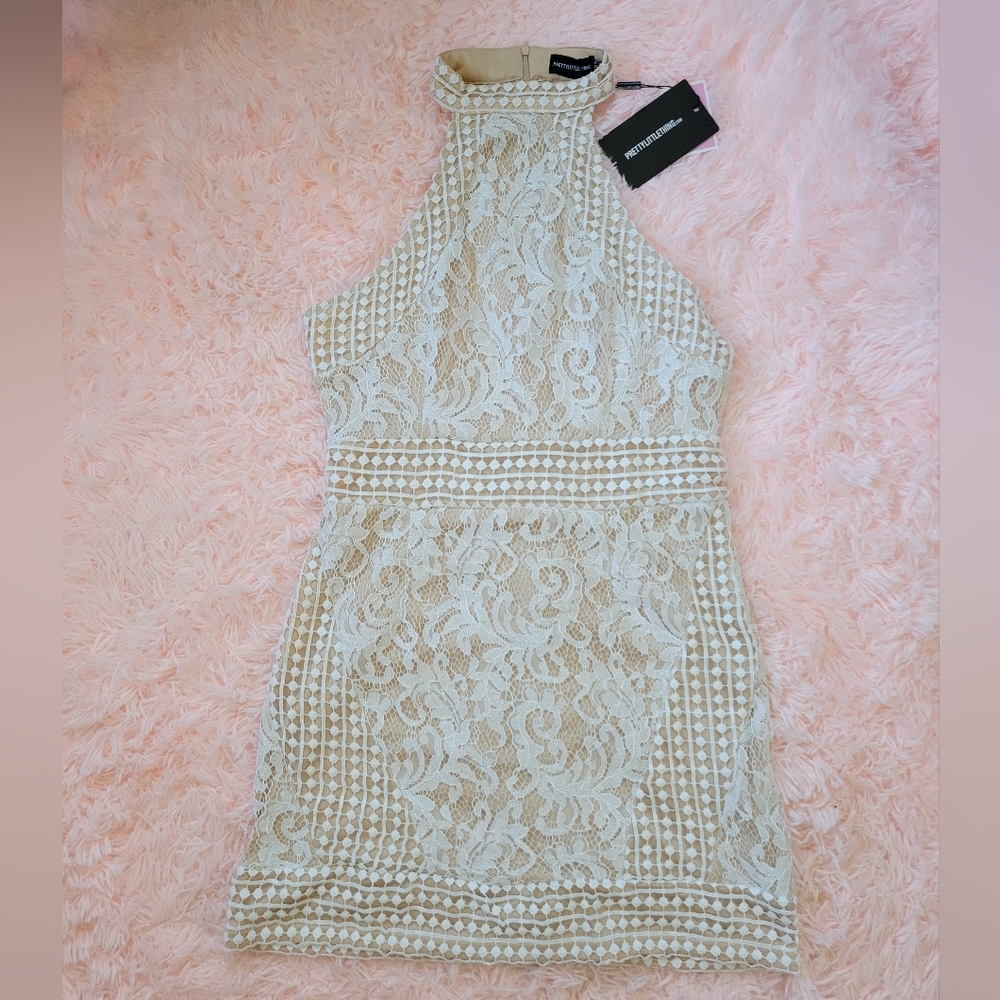Prettylittlething White High Neck Lace Crochet Bodycon Dress